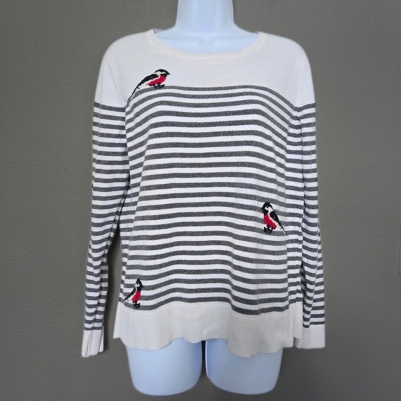 Croft & Barrow Embroidered Birds Striped Sweater Size Large - Picture 1 of 13